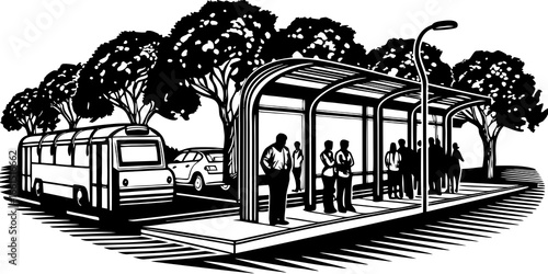 Illustration of a bus stop with people waiting, a bus, a car, trees and a street light
