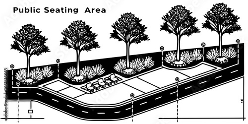 Illustration of a public seating area with trees, shrubs, benches and a curved road design layout