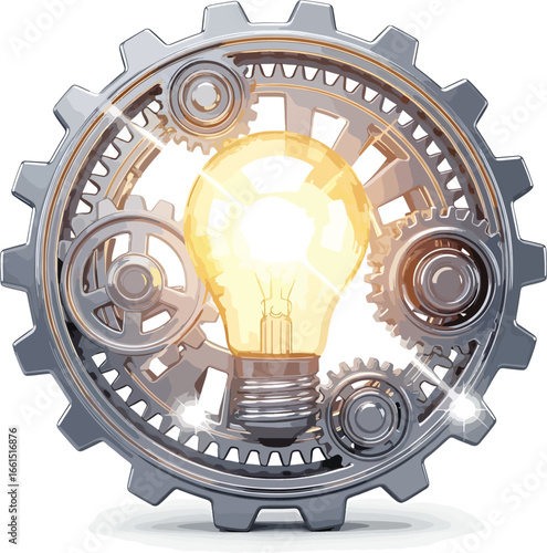 Industrial gear mechanism with glowing light bulb representing creativity innovation and business technology solutions