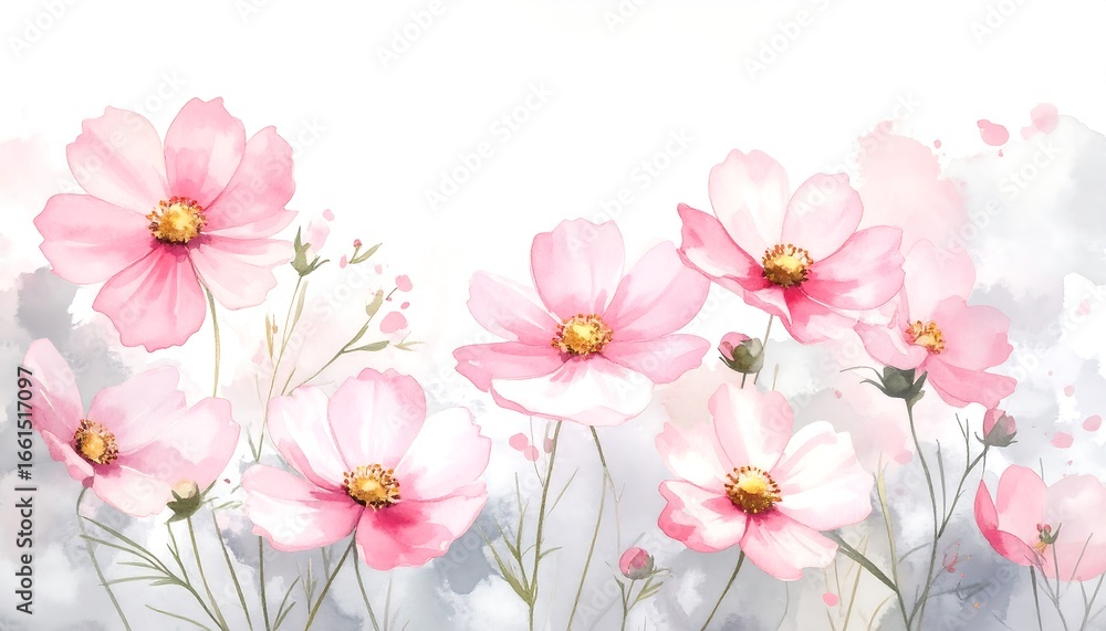 Fototapeta premium Watercolor painting of pink cosmos flowers