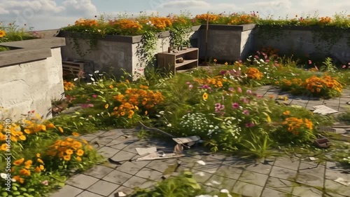 Rooftop Garden Oasis: Flowers Bloom Amidst Urban Decay, Concrete and Sky