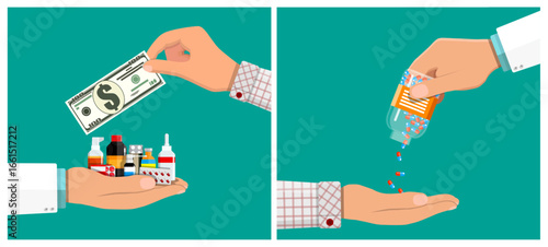 Man buying pills with money. Two hands, one holding dollar banknote and other holding medicine. Health care insurance and pharmacy concept.