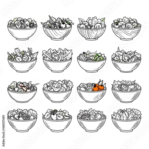 Sixteen Bowls of Salad Sketches