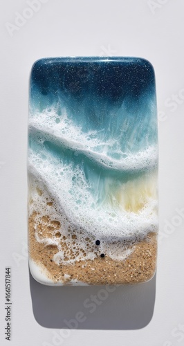 Resin-cast beach scene.  Ocean waves and light-colored sand depicted in a rectangular piece of resin art.  Soft color gradients