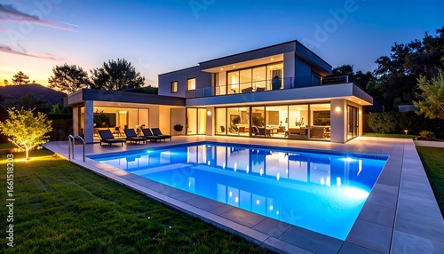 Modern luxury villa with glowing pool at twilight showcasing contemporary design aesthetics