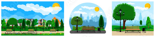 City park with bench. Flat style urban street landscape. Green nature with trees, grass and flowers. Outdoors recreation concept for website.