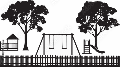 Black silhouette of a playground with swings slide trees and a fence in a park on a white background