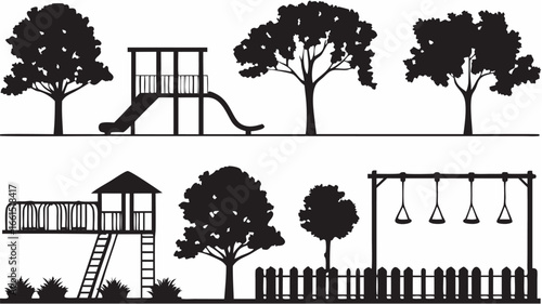 Silhouette of a playground with slide swings trees and a fence in a black and white illustration style