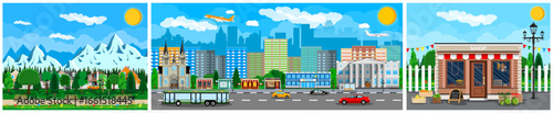 Various landscapes including mountain village, big city street, and farm shop. Countryside and urban life concept for travel design.