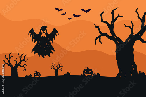 Halloween Night Scene With Ghost, Jack-O-Lanterns, and Scary Trees, Halloween Concept, Background,
