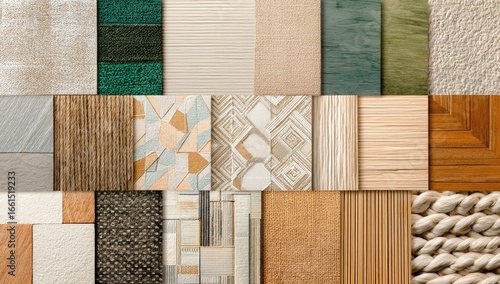 Collection of interior design materials.  Various colors and patterns of tiles, wood, and textured surfaces.  A diverse range of options for home decor