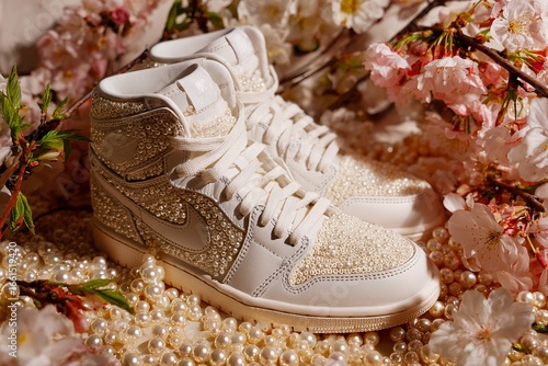 White sneakers with lace details surrounded by pearls and cherry blossoms, symbolizing pure love and elegance in wedding attire, perfect for bridal