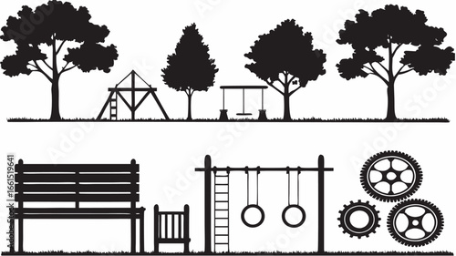 Silhouette illustration of a park scene with trees playground equipment and seating area in black