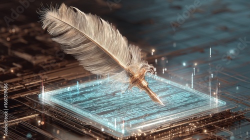 Ornate digital feather quill floats above a glowing microchip. Bright blue light highlights binary code on the futuristic circuit board. AI data concept.