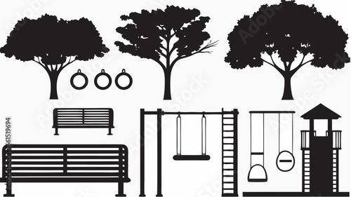 Silhouette illustration of a park scene with trees benches swings and a slide in a playground setting outdoors