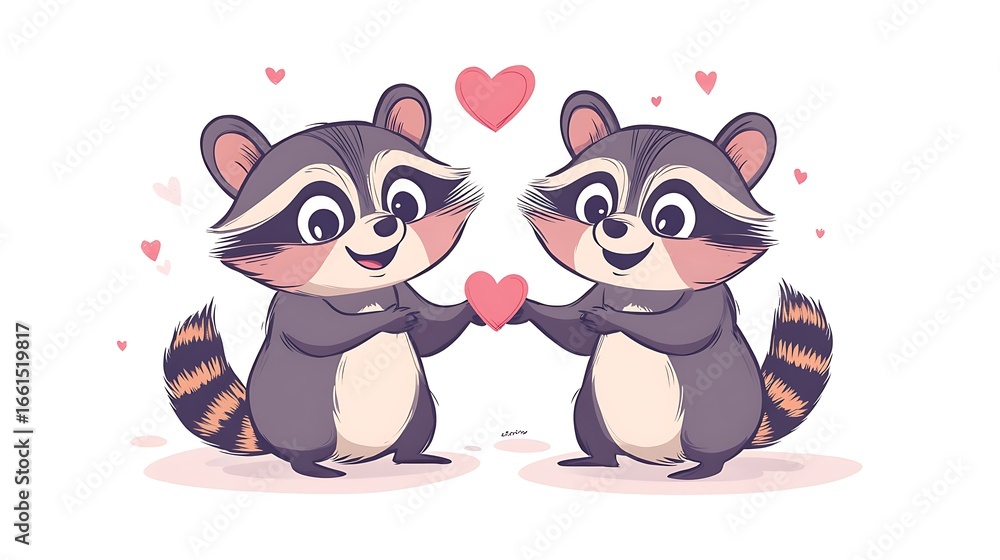 Fototapeta premium Two raccoons holding hearts