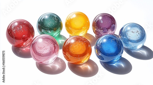 Nine colorful, glass spheres cast shadows on a bright white background, displaying various hues and internal patterns