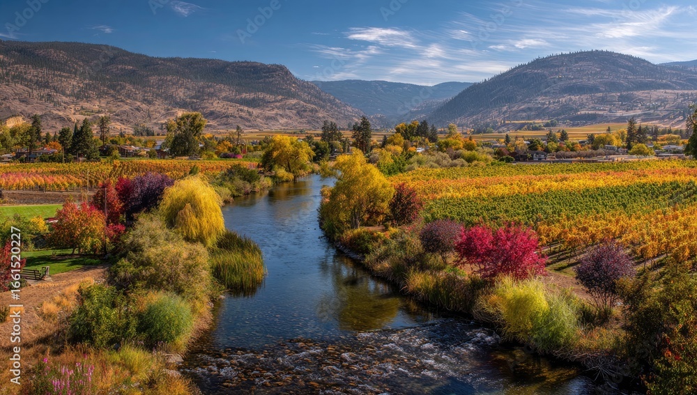 Fototapeta premium Autumnal vineyard landscape beside a river. A scenic view of a valley with fall foliage. Colorful vineyards, a clear river, and mountains in the distance. Tranquil scene