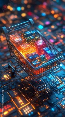 A shopping cart filled with glowing, pixelated cubes on a circuit board background, creating a digital commerce representation