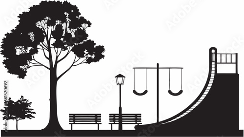 Silhouette illustration of a park scene with trees benches lamppost swings and a slide on a white background
