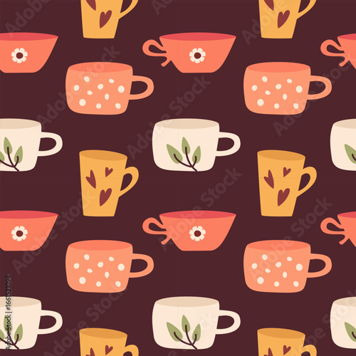 Seamless pattern with colorful coffee and tea cups. Cute seamless pattern featuring decorative coffee mugs and tea cups with floral and heart motifs, ideal for kitchen, fabric and wrapping designs.  
