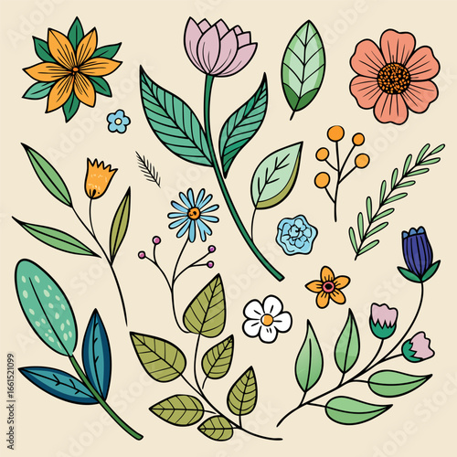 Vibrant Floral Design. A Collection of Colorful Flowers and Botanical Illustrations