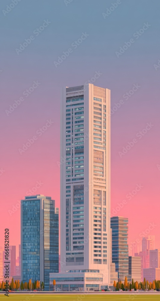 Fototapeta premium Tall, light-colored building against a soft pink sunset cityscape