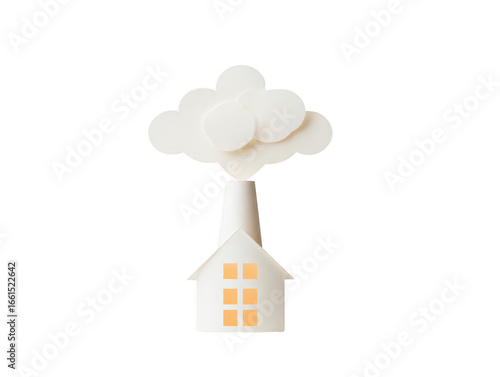 White house with yellow windows and paper smoke cloud, minimal style, isolated on transparency background, symbolizing eco friendly home and clean energy concept