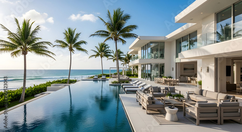 Fototapeta Naklejka Na Ścianę i Meble -  Luxury mansion with pool and palm trees overlooking the ocean on sunny day