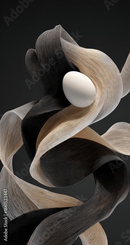 Abstract swirling ribbons of black and beige, encompassing a white orb