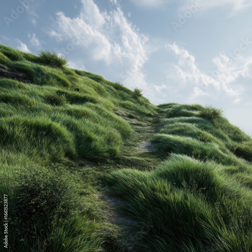 A scenic summer landscape of green grass and blue sky with clouds over a rural mountain path winding through a lush field and pine forest