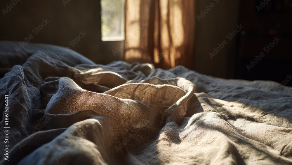 Obraz premium Soft linen bedding bathed in sunlight