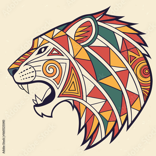 A vibrant lion head illustration showcases a tribal pattern, blending ethnic and decorative elements for a unique and artistic design
