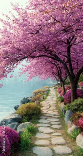 Pink cherry blossoms line a stone path by a misty river. Lush landscaping