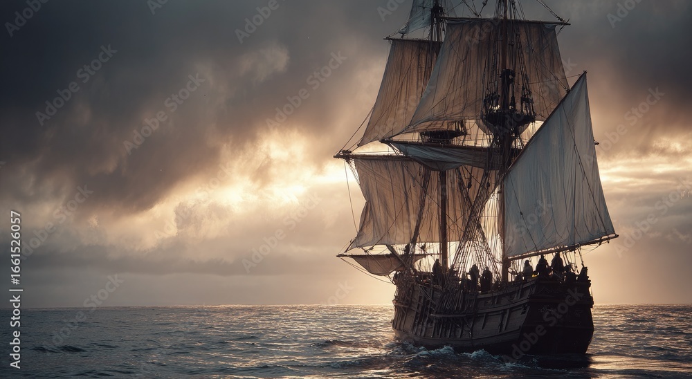 Fototapeta premium Historic sailing ship at sunset