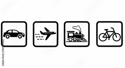 Collection of transportation icons including car, airplane, train, and bicycle isolated on white background, representing travel and mobility
