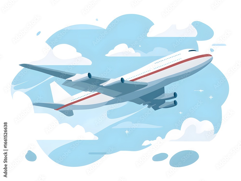 Fototapeta premium Commercial Passenger Airplane Flying Through Cloudy Sky in Bright Day. Aviation Day.