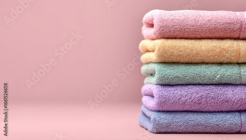 Pastel-colored towels stacked against a soft pink background