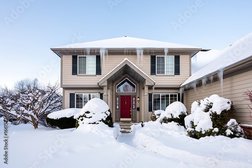 Suburban home in winter landscape with snow covered bushes and icicles reflecting cold season