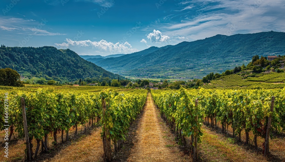 Obraz premium Sunny vineyard rows stretch towards distant mountains