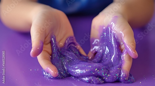 Wallpaper Mural Bright purple glitter slime being stretched and manipulated by small hands in a playful environment Torontodigital.ca