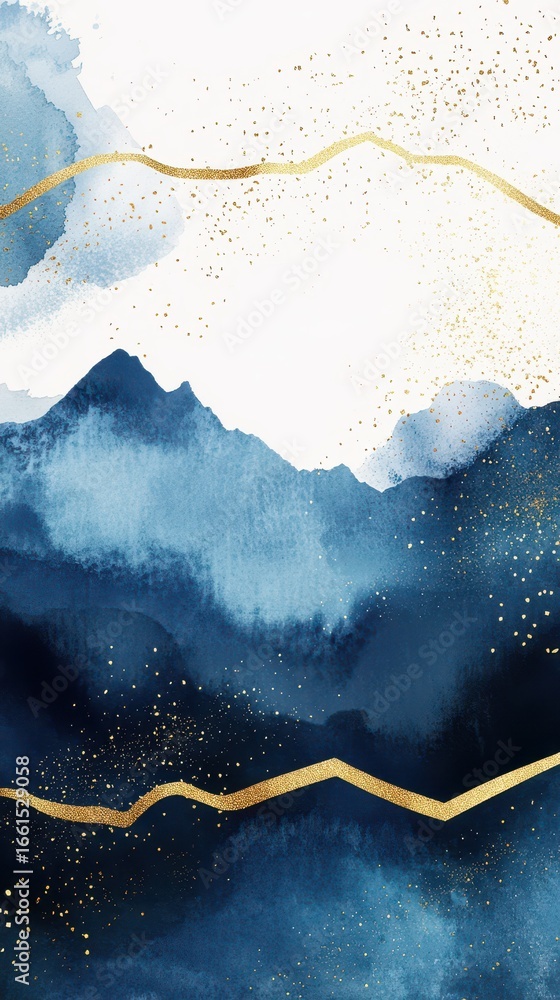 Obraz premium An abstract watercolor painting of blue mountains with elegant golden accents and details.