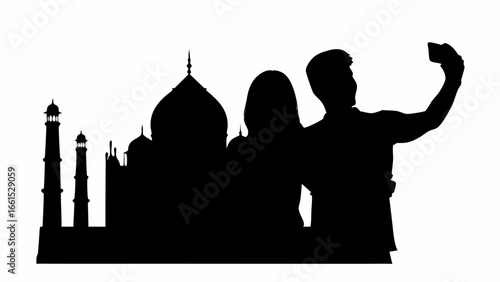 Silhouette of couple taking a selfie in front of the taj mahal with minarets and domes in the background