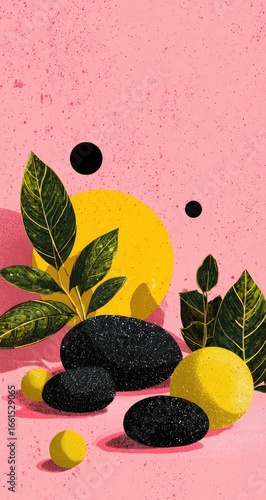 Abstract composition of dark stones, vibrant leaves, and geometric shapes on a pink background