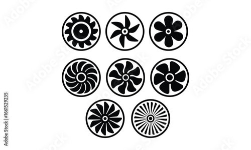 Black and white fan blade icons set for ventilation and cooling design
