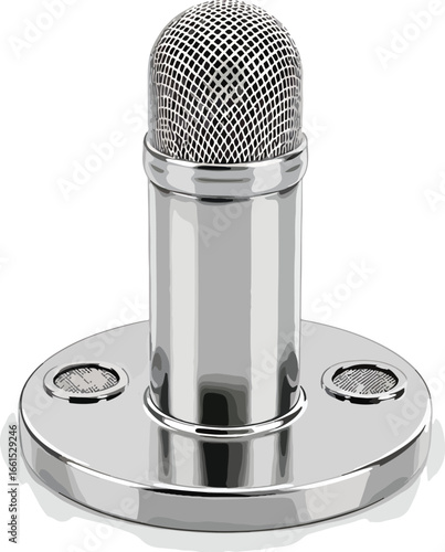 Metallic studio microphone representing podcast, audio recording, broadcasting, and professional communication