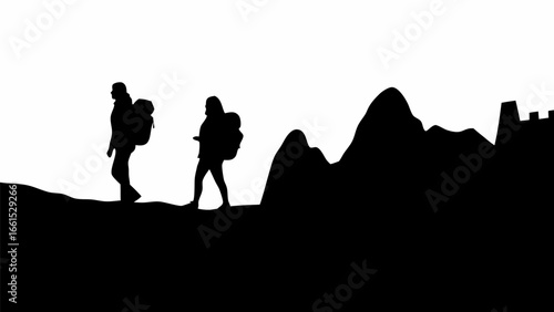 Silhouette of two hikers with backpacks walking along a mountain ridge against a white background landscape