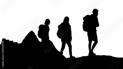 Silhouettes of three hikers with backpacks ascending a mountain in black and white landscape view