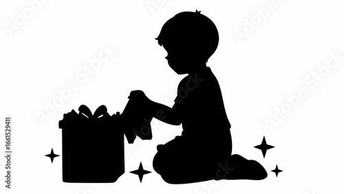 Silhouette of a child kneeling and opening a gift box with stars around it on a white background