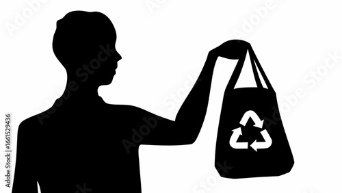 Silhouette of person holding a black reusable bag with a white recycling symbol on a white background